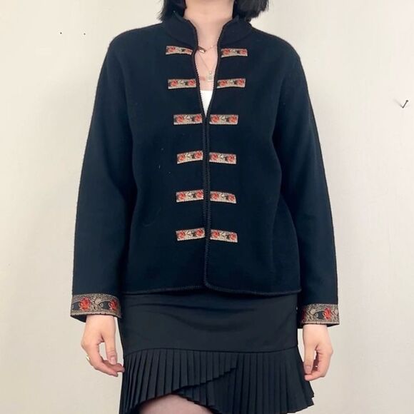 Vintage Casual Corner Annex Black Floral Embroidered Asian Cardigan Wool Jacket - Picture 2 of 8